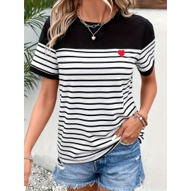 Heart & Striped Print Crew Neck T-Shirt, Casual Short Sleeve T-Shirt For Spring & Summer, Women's Clothing ,Valentine's Day