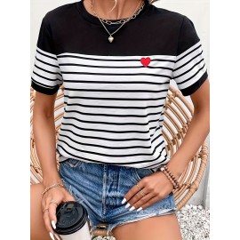 Heart & Striped Print Crew Neck T-Shirt, Casual Short Sleeve T-Shirt For Spring & Summer, Women's Clothing ,Valentine's Day