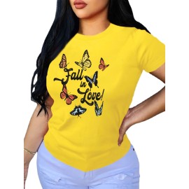 Butterfly & Letter Print T-Shirt, Casual Crew Neck Short Sleeve T-Shirt For Spring & Summer, Women's Clothing