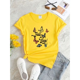 Butterfly & Letter Print T-Shirt, Casual Crew Neck Short Sleeve T-Shirt For Spring & Summer, Women's Clothing