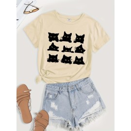 Cartoon Cats Print T-Shirt, Short Sleeve Crew Neck Casual Top For Summer & Spring, Women's Clothing