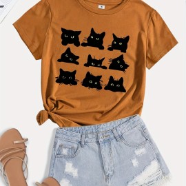 Cartoon Cats Print T-Shirt, Short Sleeve Crew Neck Casual Top For Summer & Spring, Women's Clothing