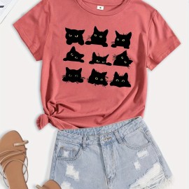 Cartoon Cats Print T-Shirt, Short Sleeve Crew Neck Casual Top For Summer & Spring, Women's Clothing