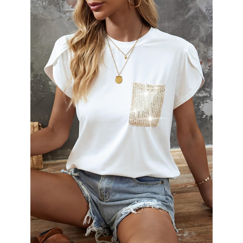 Sequin Decor Crew Neck T-Shirt, Casual Petal Sleeve Top For Spring & Summer, Women's Clothing