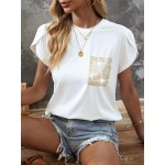 Sequin Decor Crew Neck T-Shirt, Casual Petal Sleeve Top For Spring & Summer, Women's Clothing