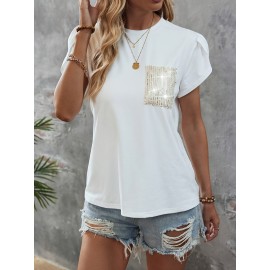 Sequin Decor Crew Neck T-Shirt, Casual Petal Sleeve Top For Spring & Summer, Women's Clothing