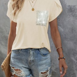 Sequin Decor Crew Neck T-Shirt, Casual Petal Sleeve Top For Spring & Summer, Women's Clothing