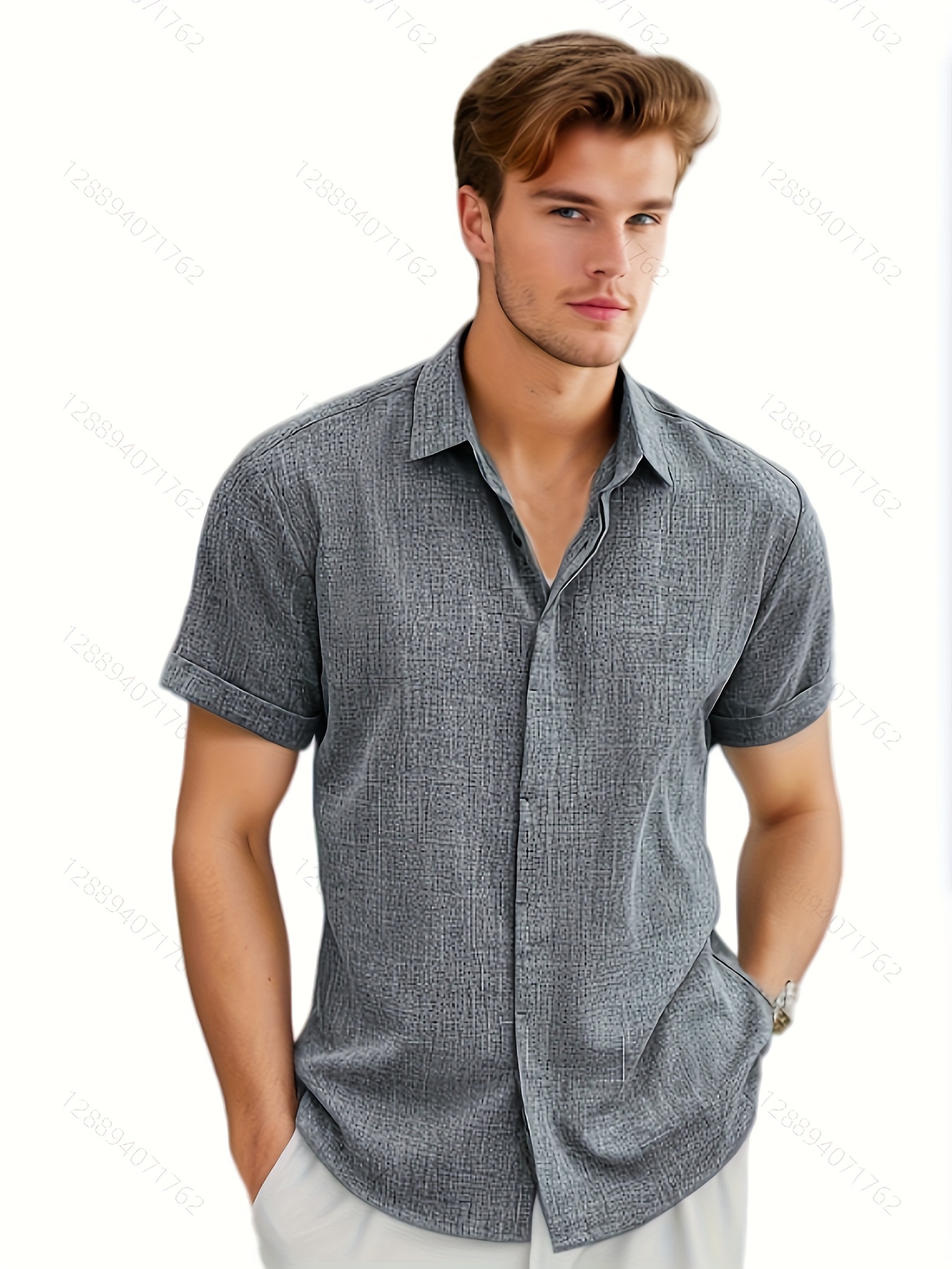 mens stylish loose solid shirt casual breathable lapel button up short sleeve shirt top for city walk street hanging outdoor activities details 1