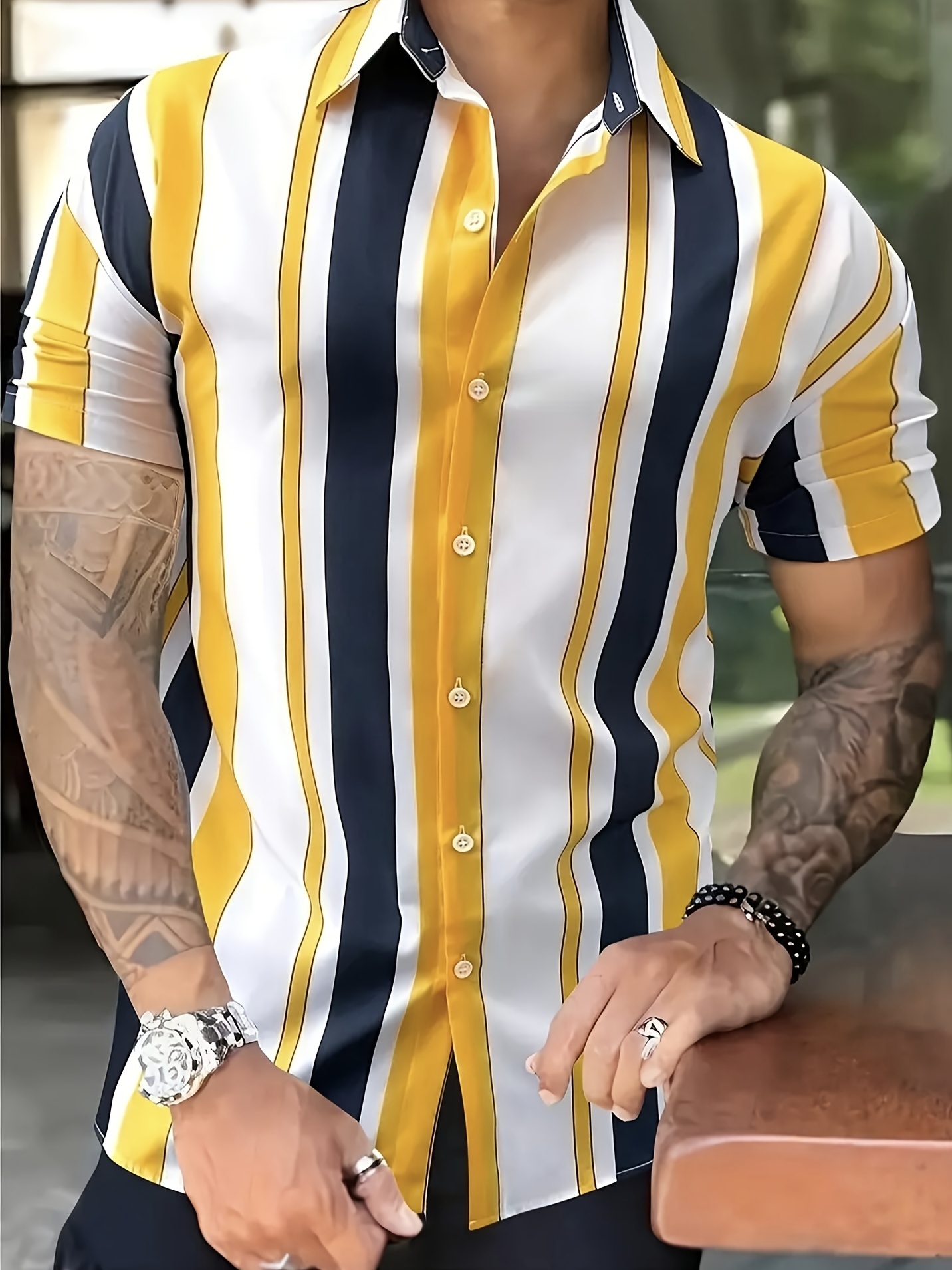 color block stripe pattern print mens short sleeve button up lapel shirt for summer resort holiday hawaiian style details 0