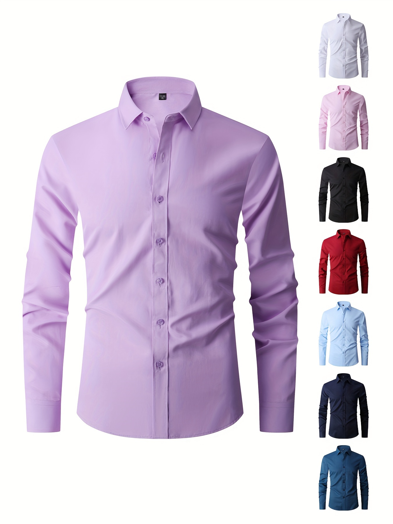 solid color mens business slim fit long sleeve button up shirt spring fall formal wear gift for men details 0