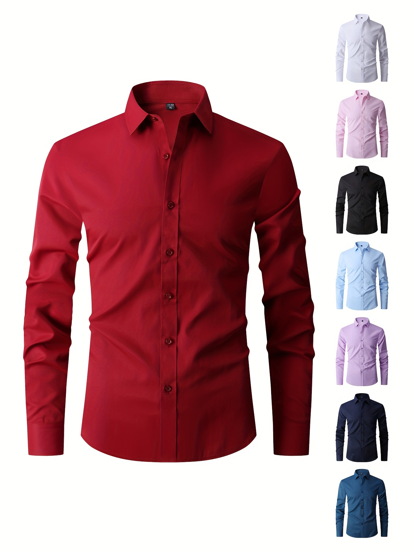 solid color mens business slim fit long sleeve button up shirt spring fall formal wear gift for men details 7