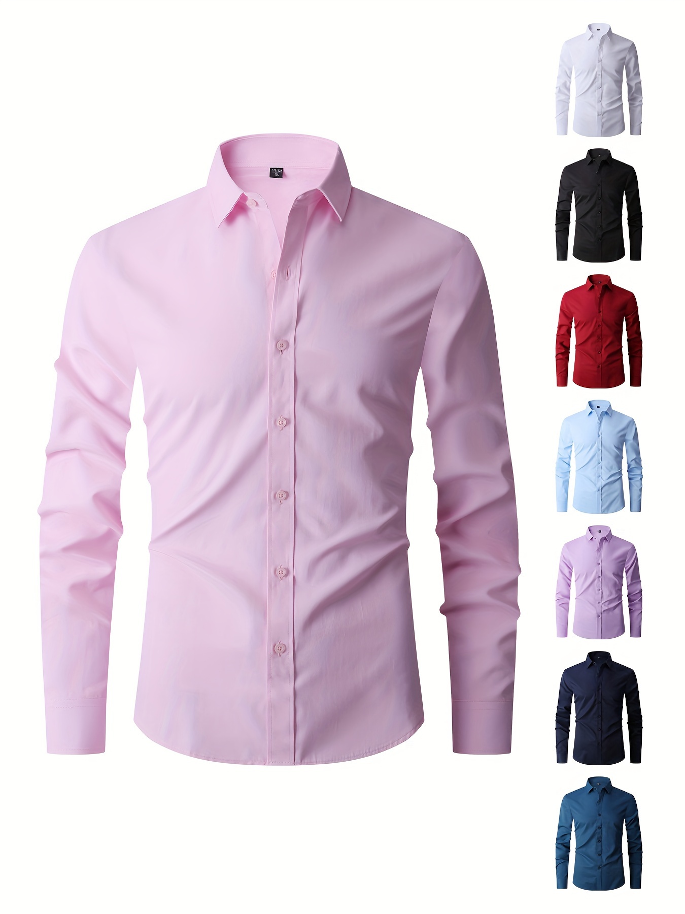 solid color mens business slim fit long sleeve button up shirt spring fall formal wear gift for men details 28