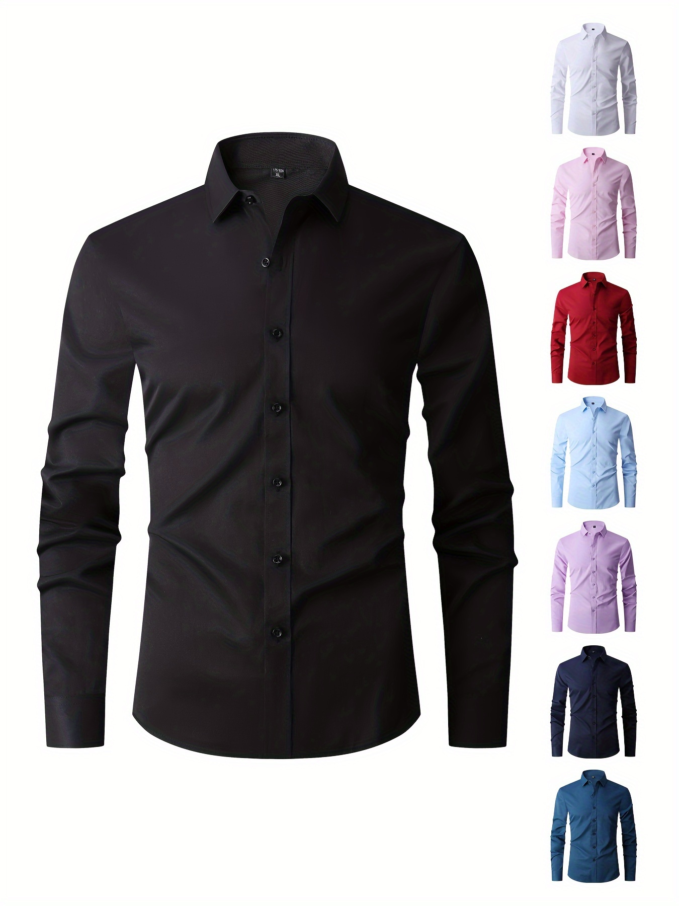 solid color mens business slim fit long sleeve button up shirt spring fall formal wear gift for men details 41