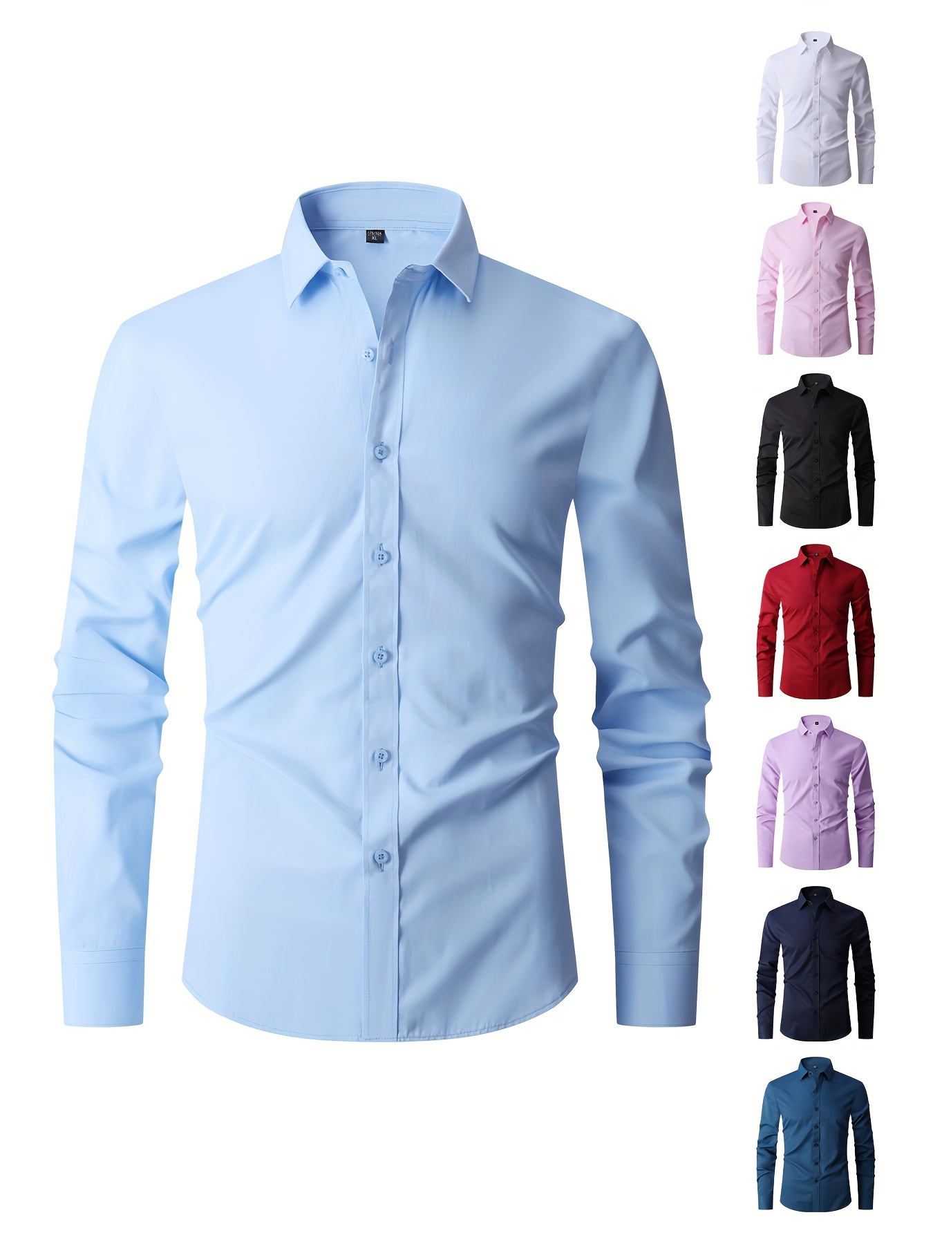 solid color mens business slim fit long sleeve button up shirt spring fall formal wear gift for men details 52