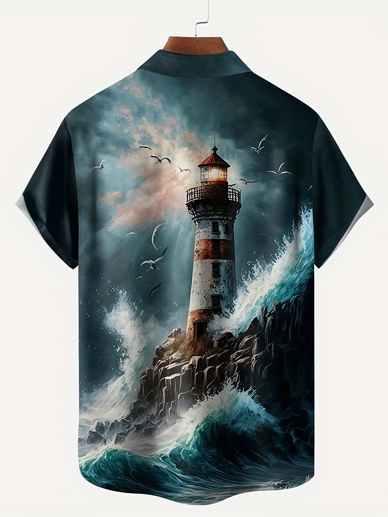 lighthouse print mens casual short sleeve shirt mens shirt for summer vacation resort tops for men details 0