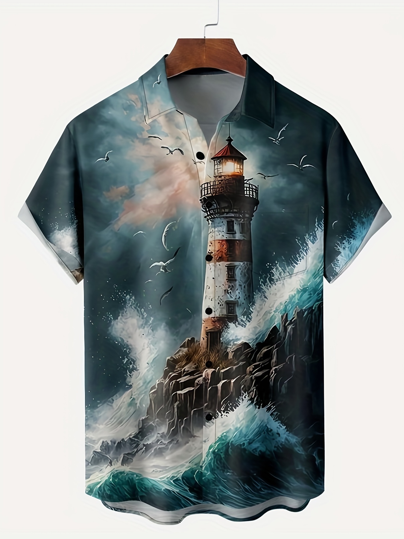 lighthouse print mens casual short sleeve shirt mens shirt for summer vacation resort tops for men details 1