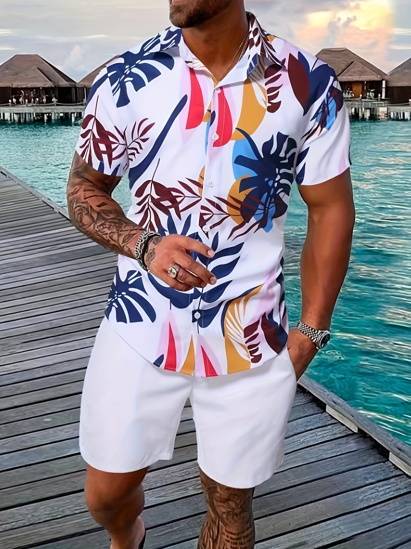 mens leaves pattern print short sleeve lapel shirt top male casual button up shirt for daily and vacation resorts beach details 0