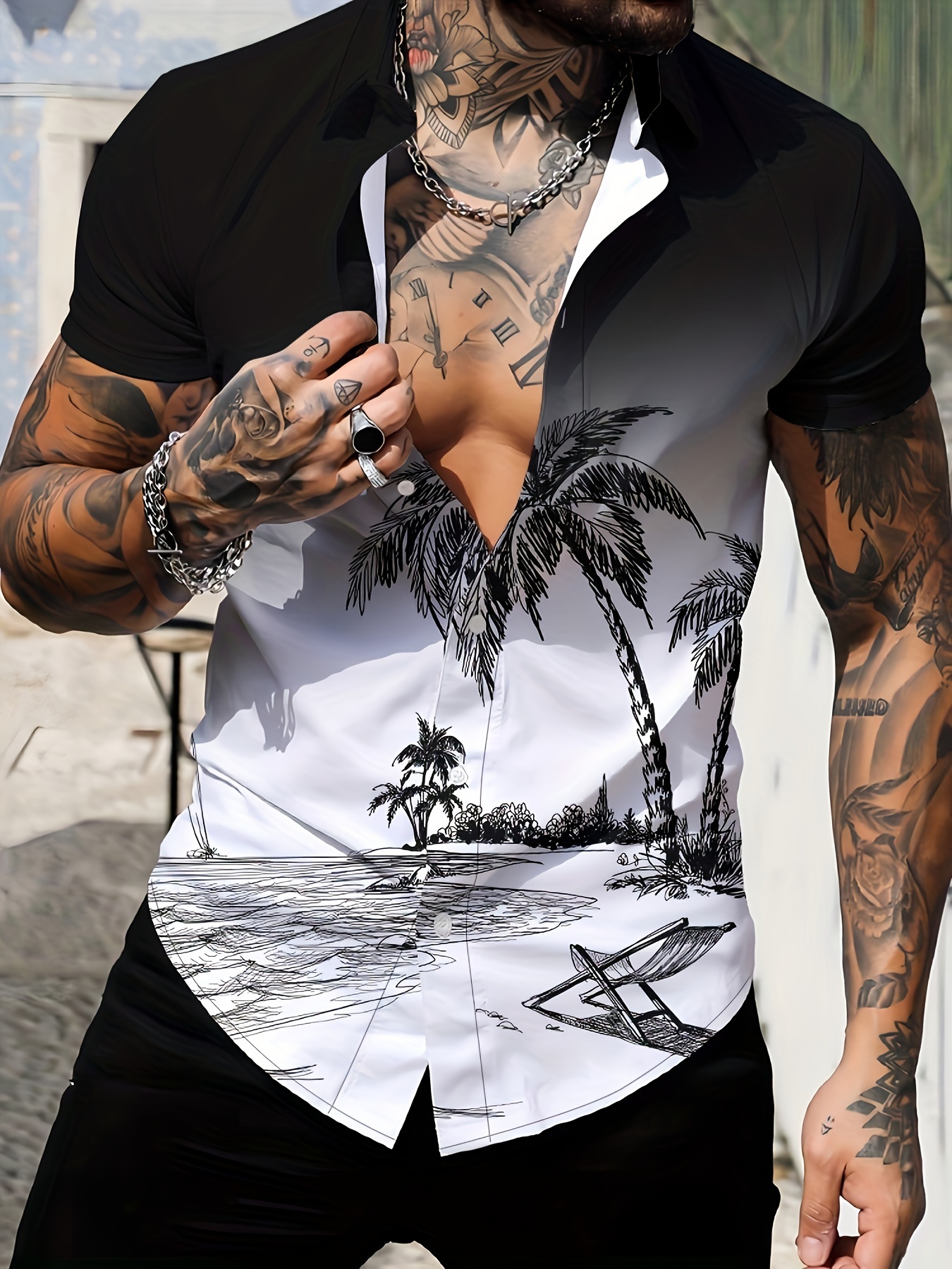 anime beach pattern mens chic gradient short sleeve button down shirt summer resort vacation details 1