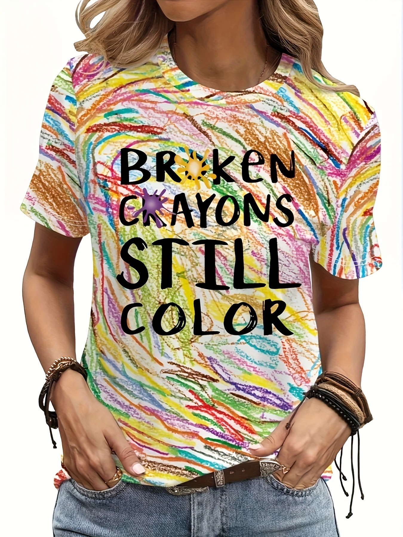 broken crayon still colorful print t shirt casual short sleeve crew neck top for spring summer womens clothing details 0