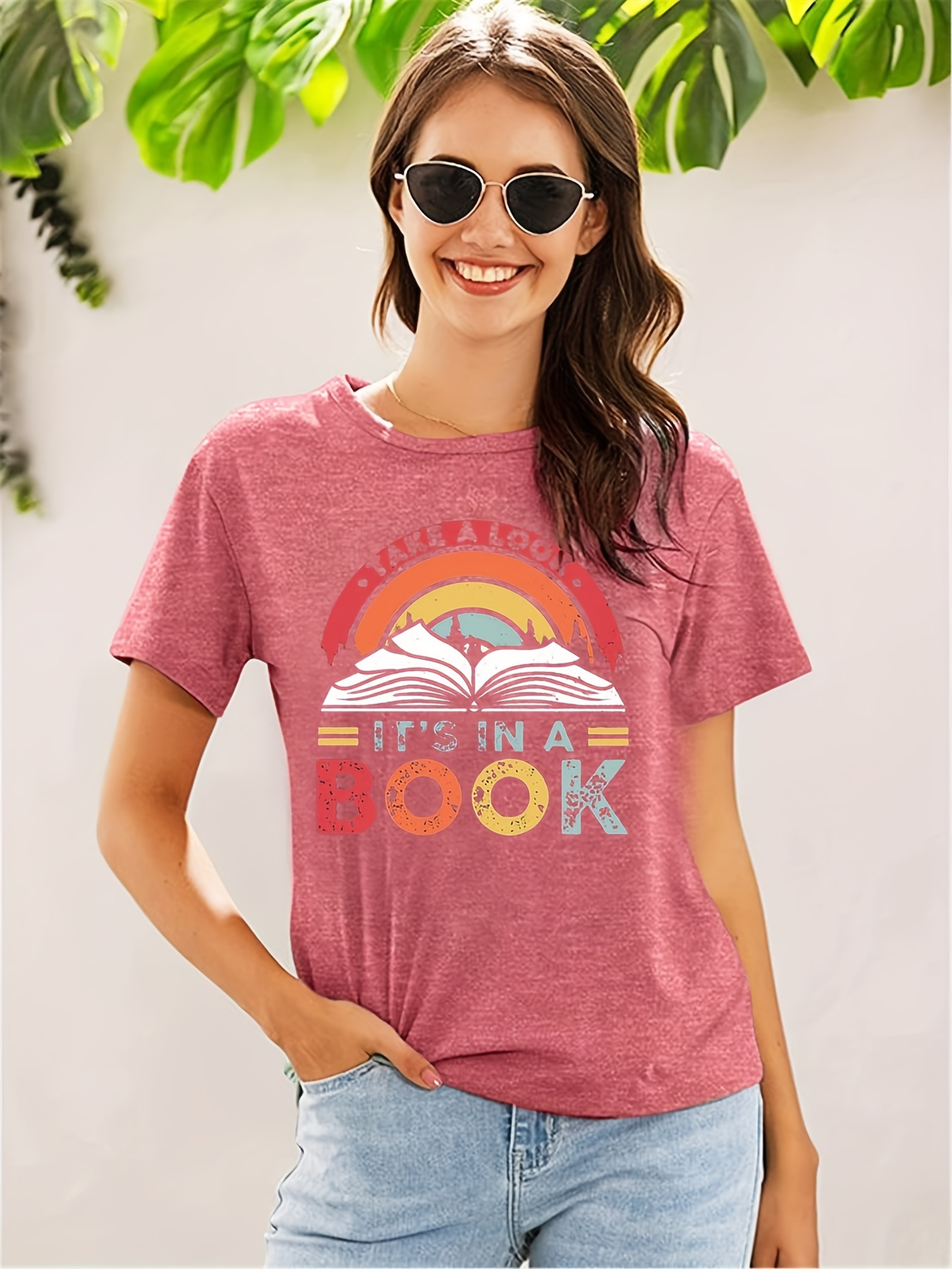 colorful letter book print t shirt short sleeve crew neck casual top for spring summer womens clothing details 4