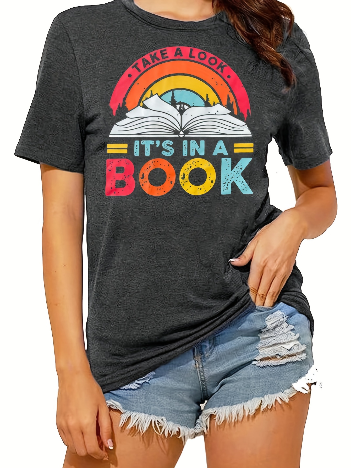 colorful letter book print t shirt short sleeve crew neck casual top for spring summer womens clothing details 6