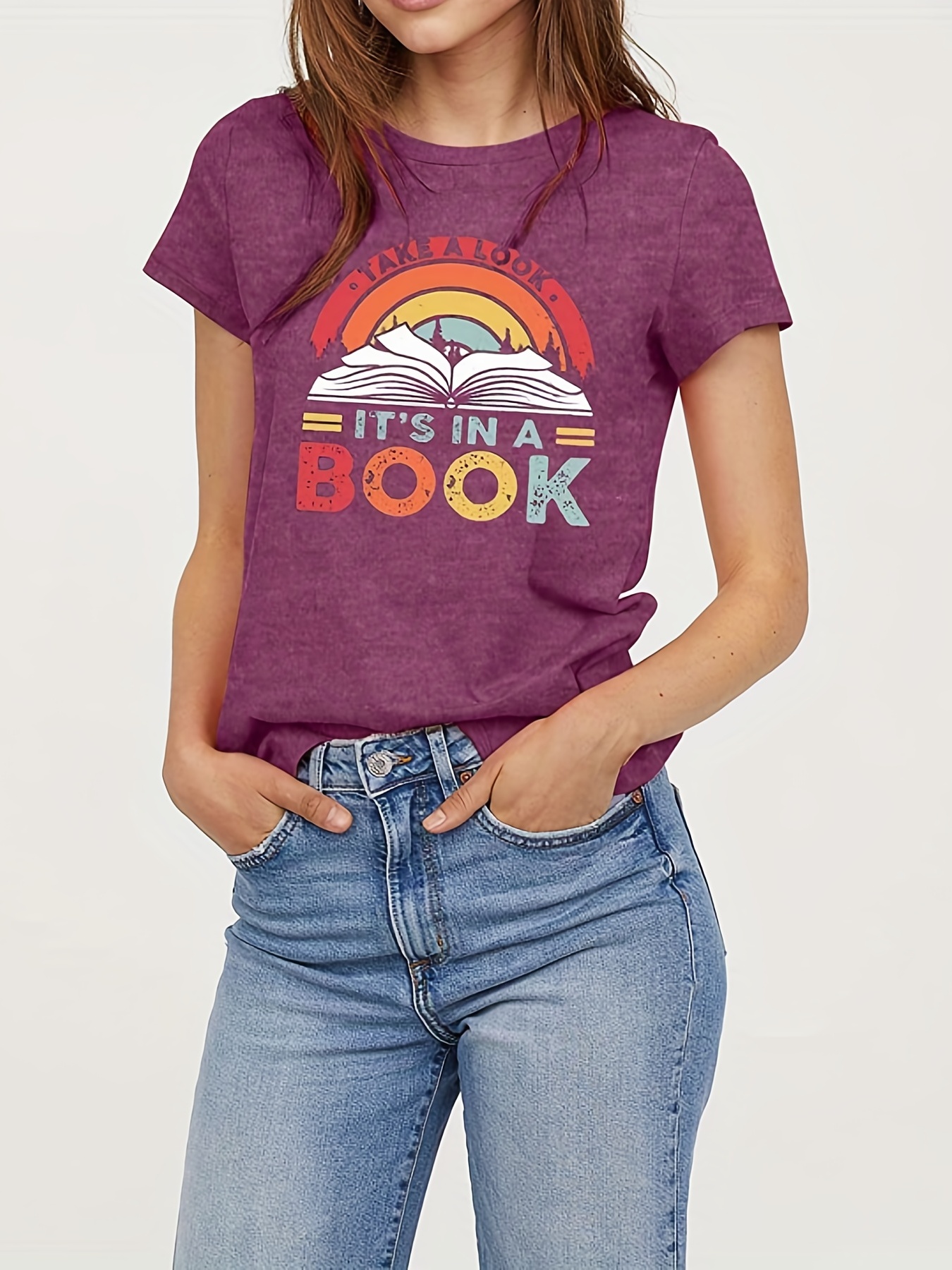 colorful letter book print t shirt short sleeve crew neck casual top for spring summer womens clothing details 12