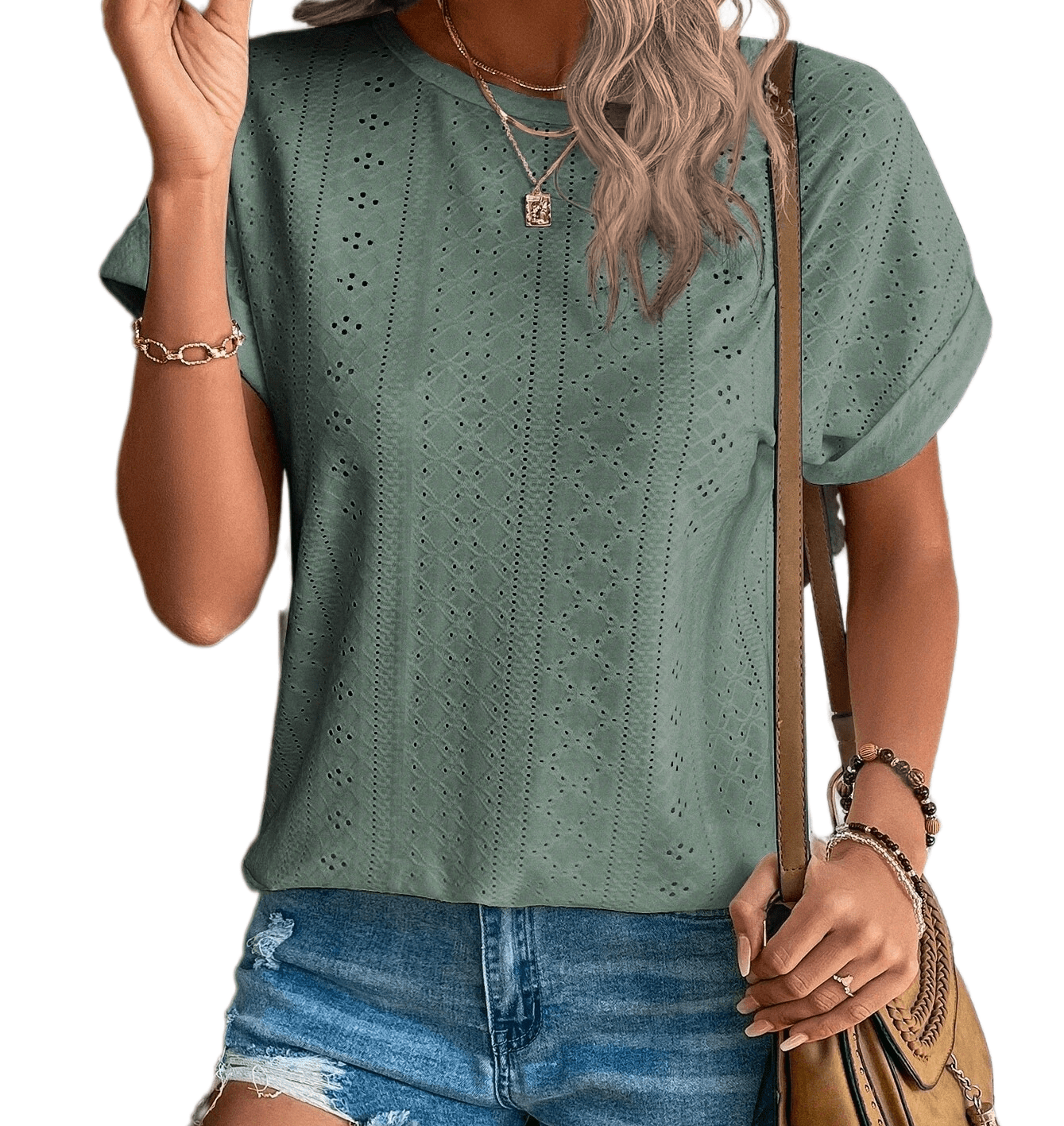 eyelet crew neck t shirt casual short sleeve t shirt for spring summer womens clothing details 0