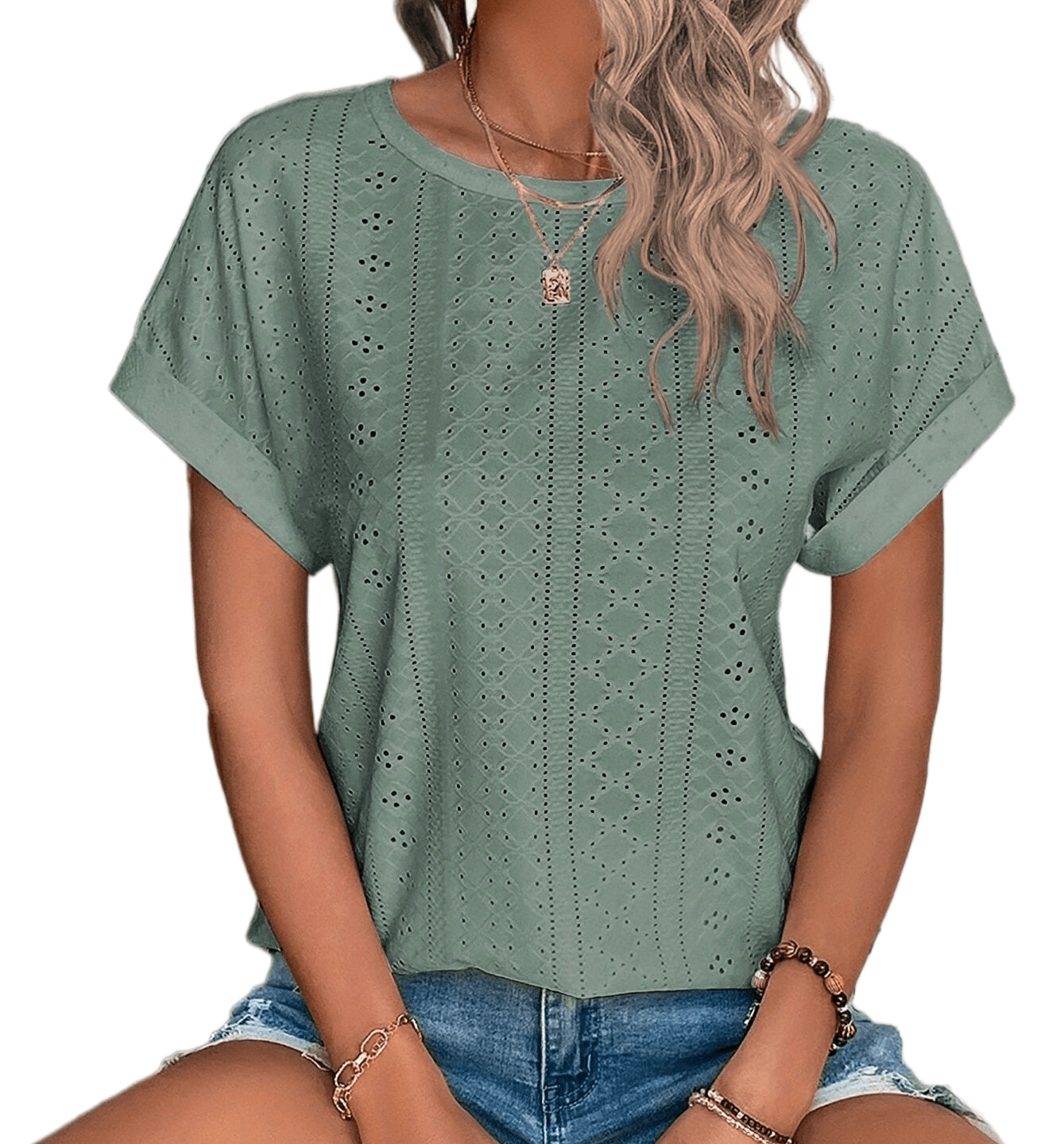 eyelet crew neck t shirt casual short sleeve t shirt for spring summer womens clothing details 3