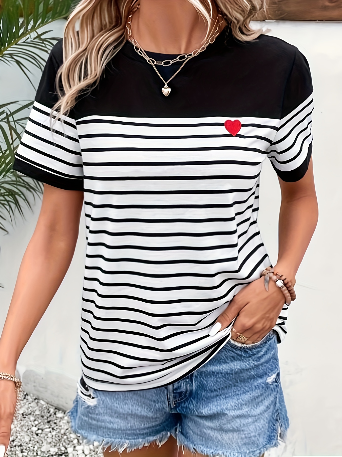 heart striped print crew neck t shirt casual short sleeve t shirt for spring summer womens clothing valentines day details 2