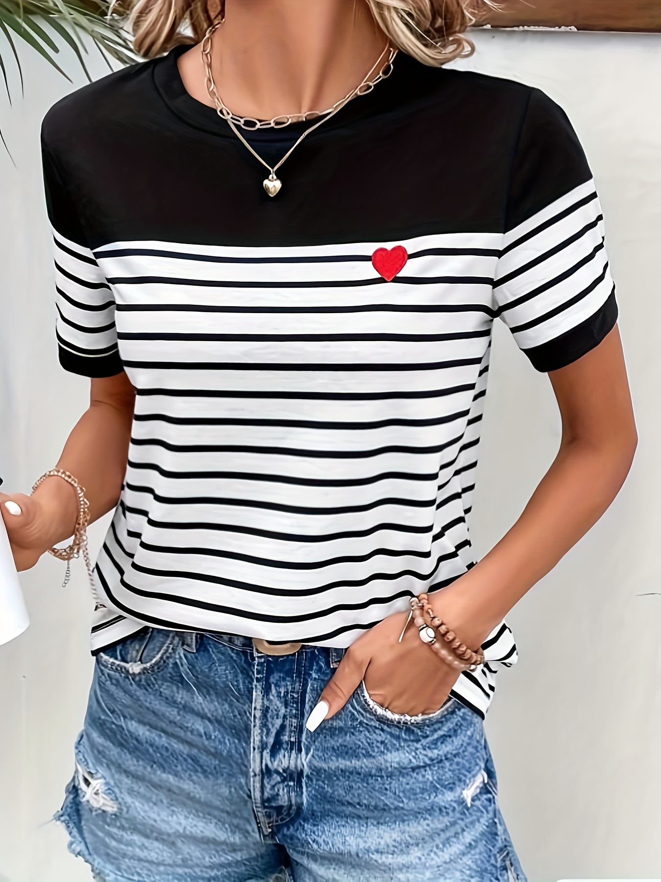 heart striped print crew neck t shirt casual short sleeve t shirt for spring summer womens clothing valentines day details 3