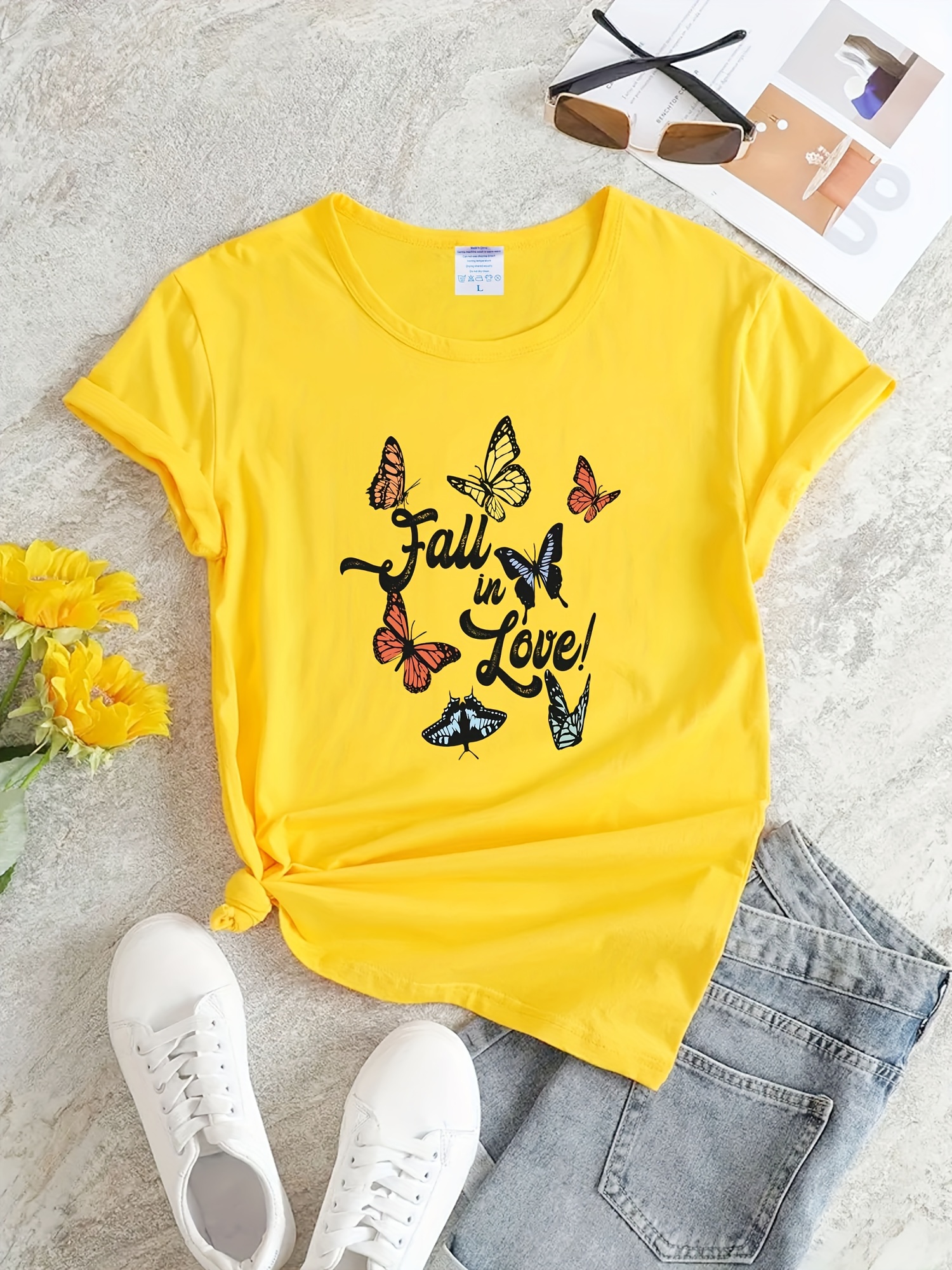 butterfly letter print t shirt casual crew neck short sleeve t shirt for spring summer womens clothing details 1