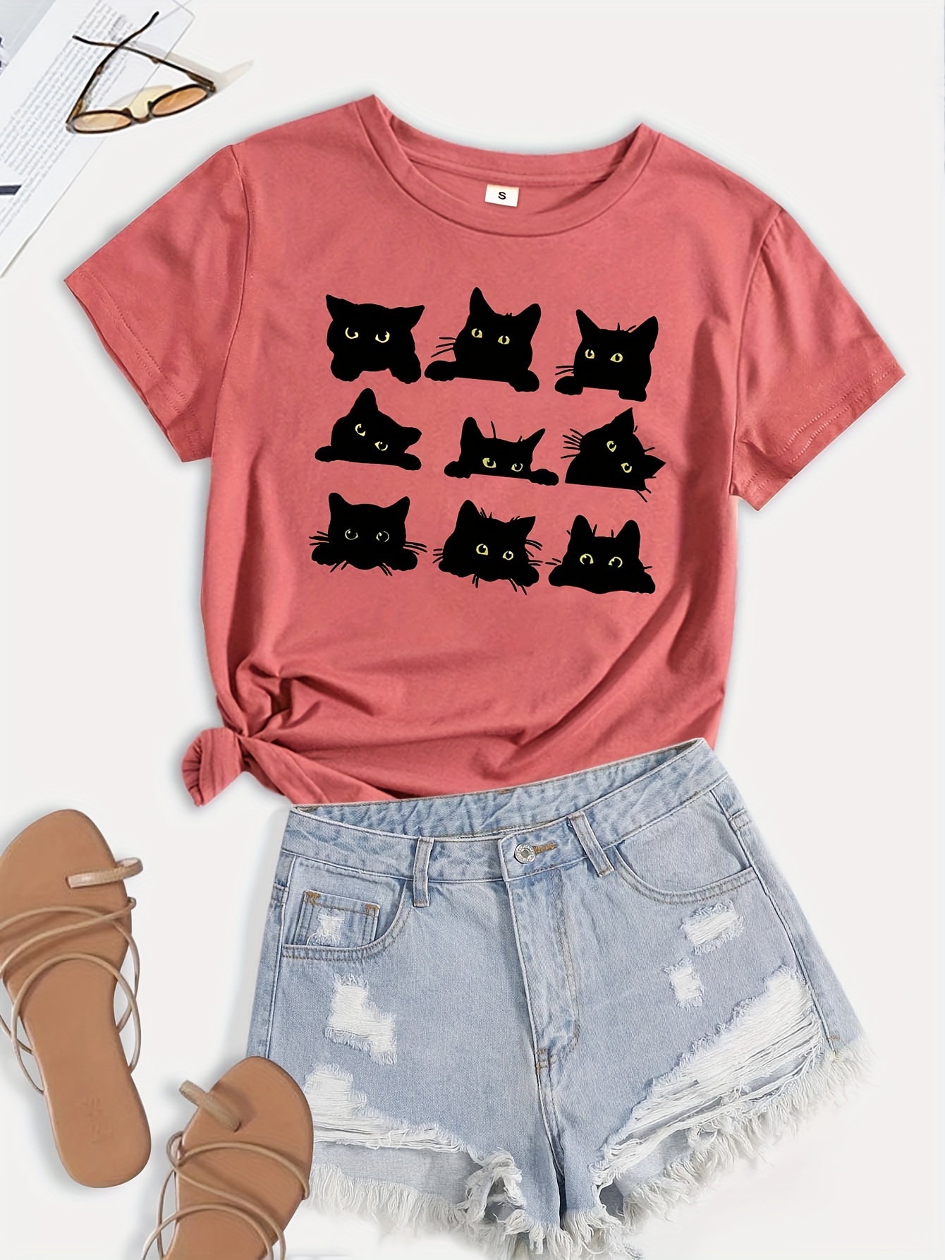 cartoon cats print t shirt short sleeve crew neck casual top for summer spring womens clothing details 5