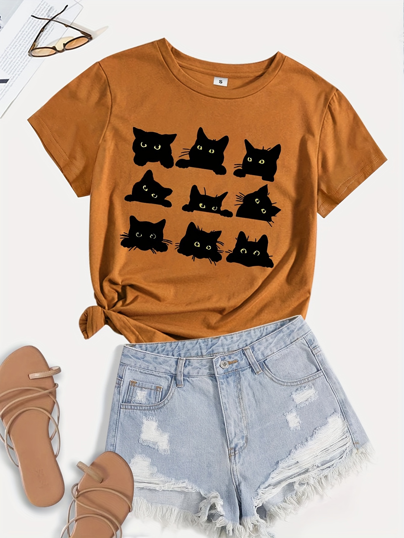 cartoon cats print t shirt short sleeve crew neck casual top for summer spring womens clothing details 10