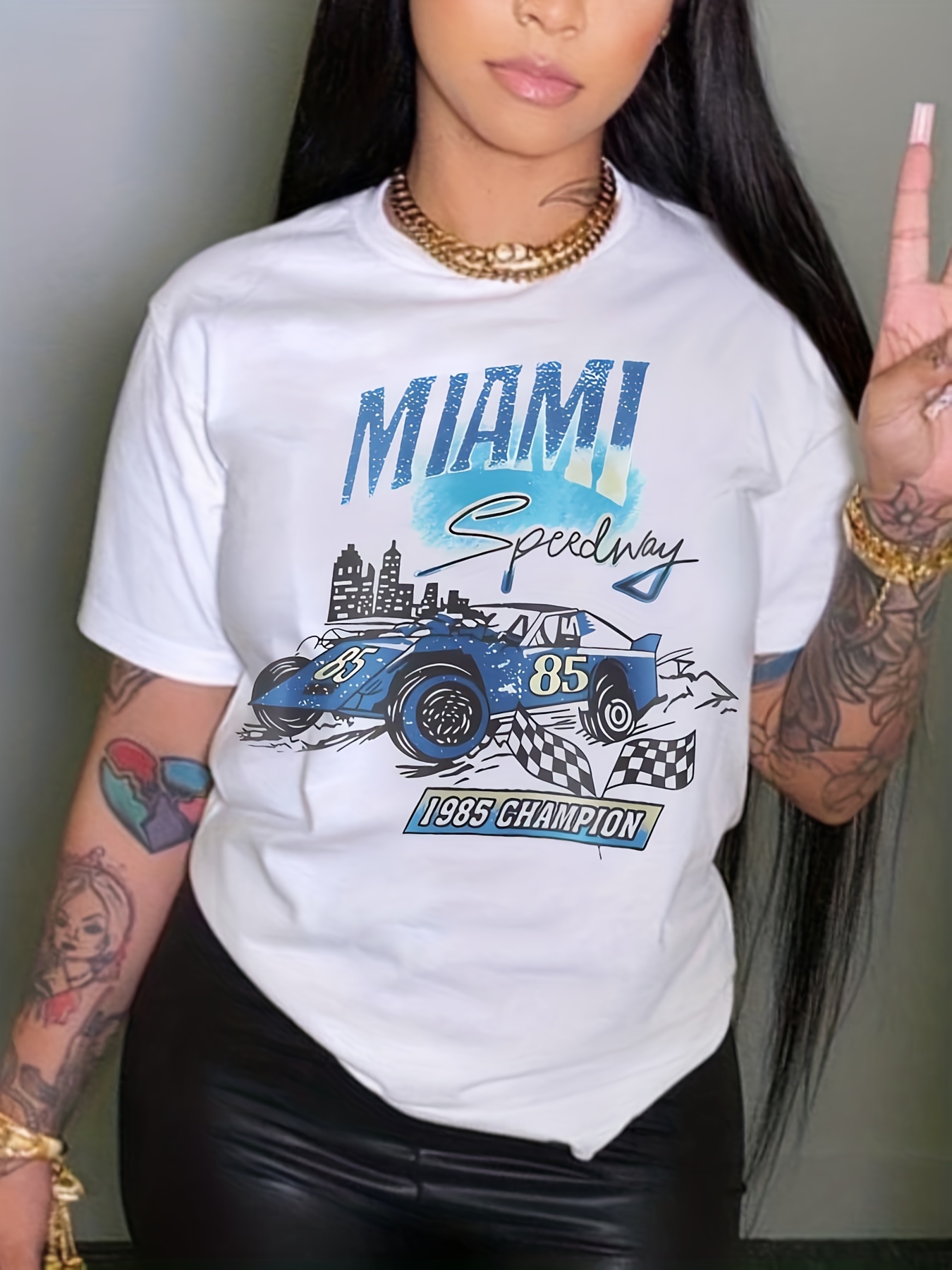 car graphic print t shirt casual crew neck short sleeve summer t shirt womens clothing details 24