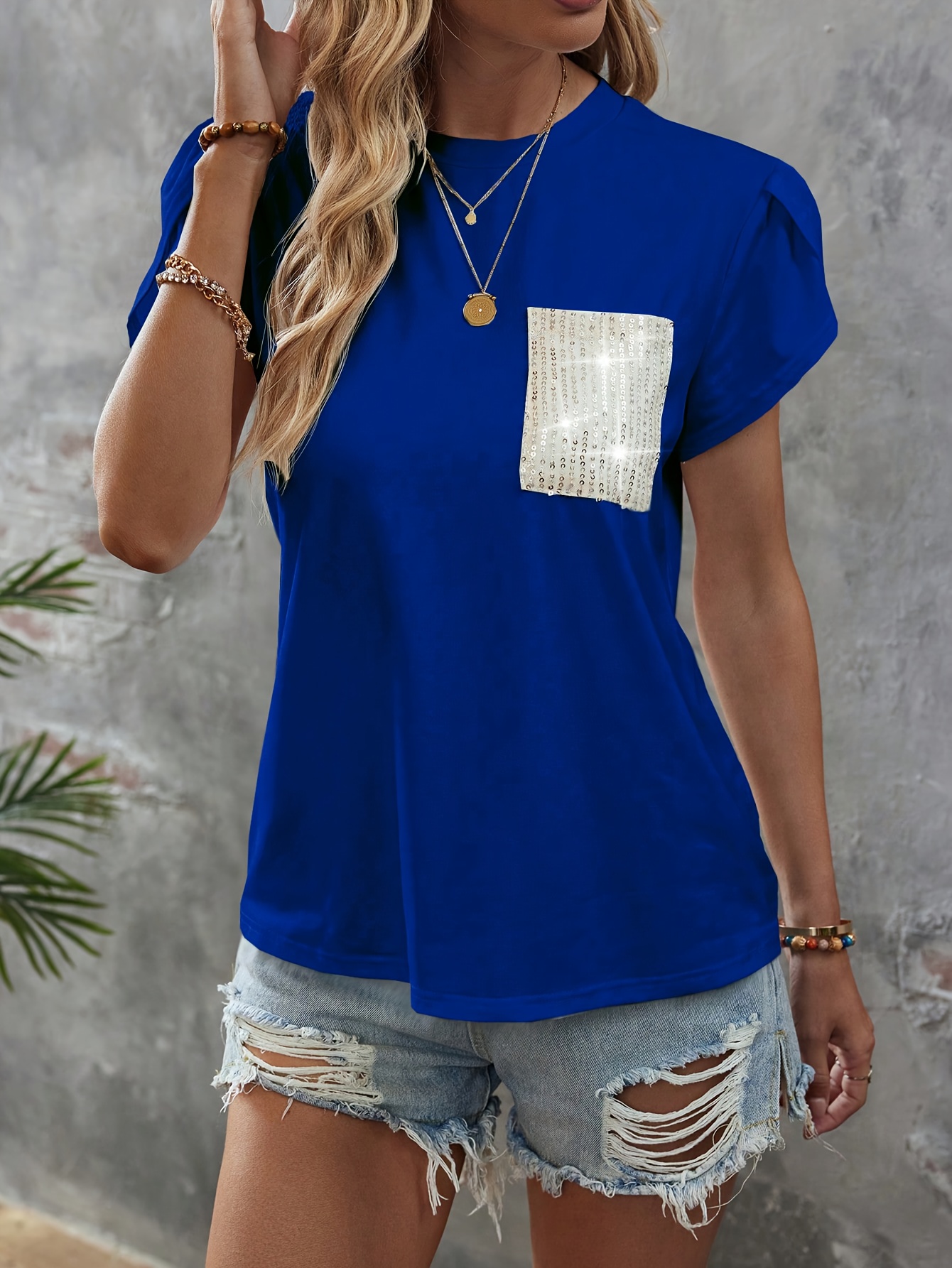 sequin decor crew neck t shirt casual petal sleeve top for spring summer womens clothing details 10