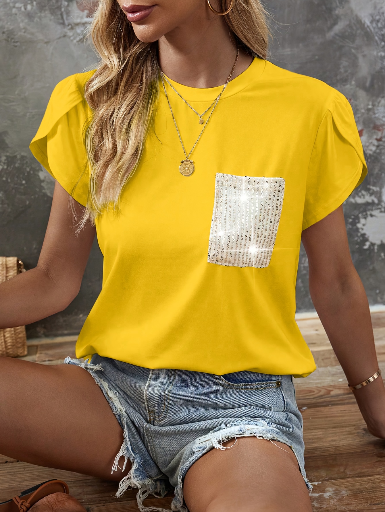 sequin decor crew neck t shirt casual petal sleeve top for spring summer womens clothing details 22