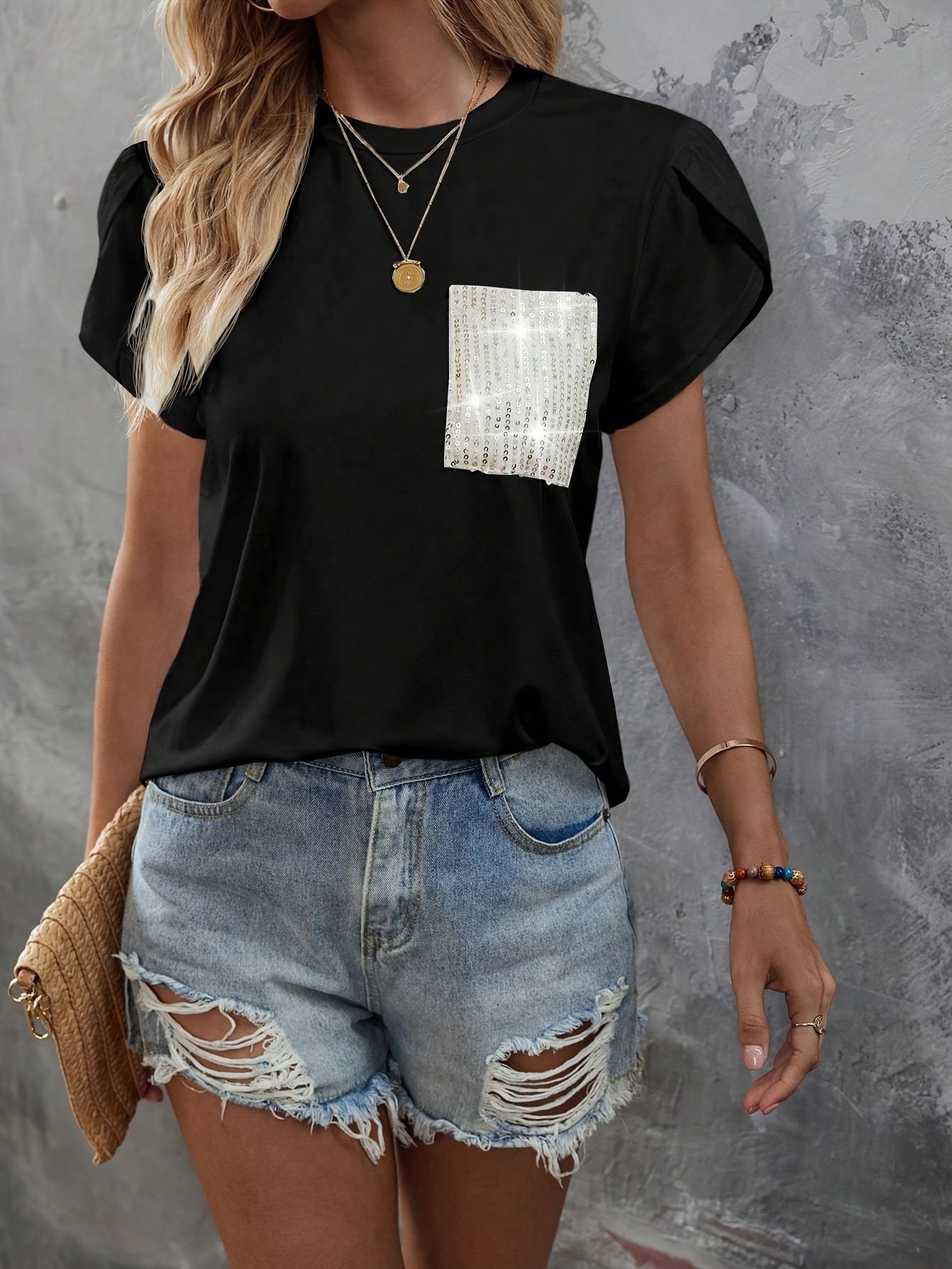 sequin decor crew neck t shirt casual petal sleeve top for spring summer womens clothing details 28